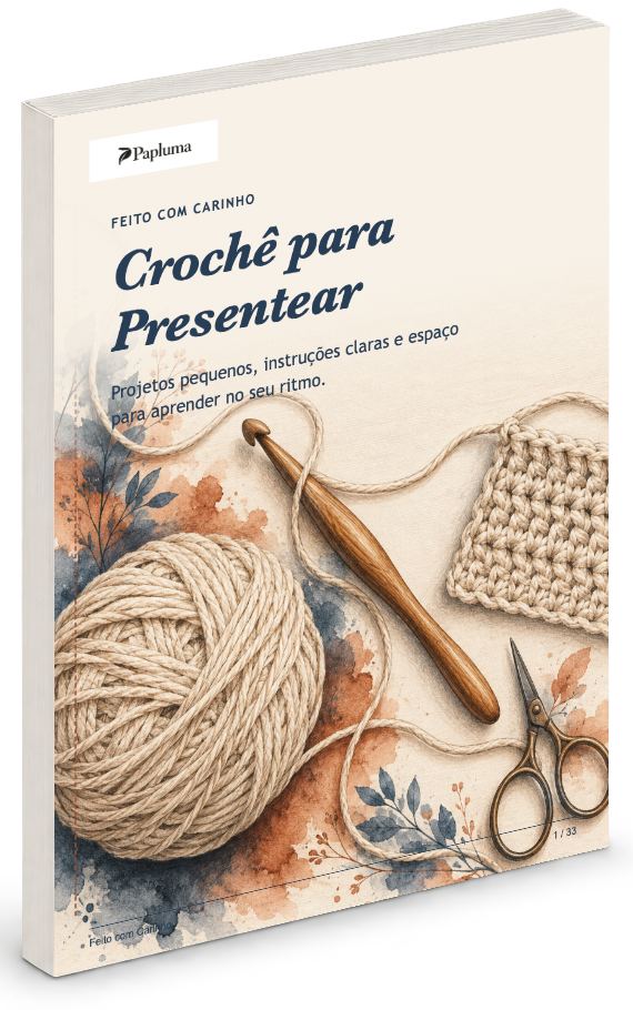 Capa de Crochê para Presentear apresentada como livro; o produto é digital em PDF